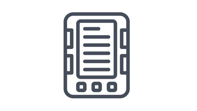 Minimalist black vector icon illustration of an e-reader or digital tablet device for reading electronic books, featuring a screen with text lines and navigation buttons, isolated on white.
