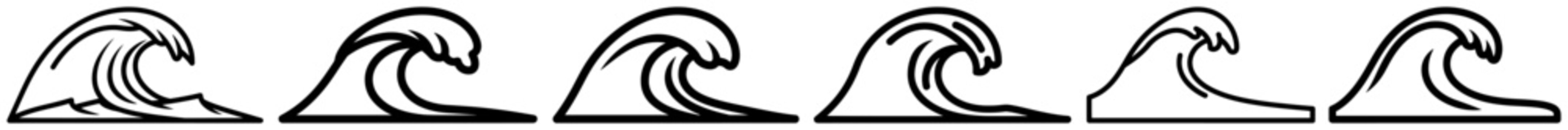 Ocean wave sequence showing tidal motion and sea surf in simple minimalist silhouette style