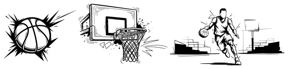 Basketball sports collection featuring player dribbling hoop and flying ball in sketch style © Katarzyna