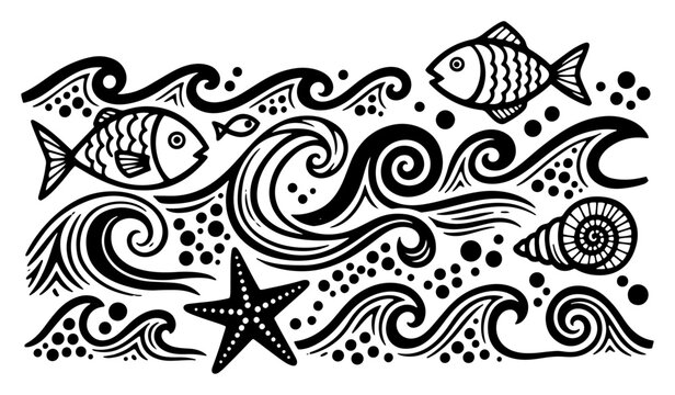 Sea life composition with fish starfish and waves in cartoon doodle line art style