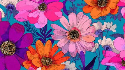 Obraz premium Flowers, drawn by hand in bright colors, create a repeating design. This sketch is perfect for making fabric, paper, or wallpaper.