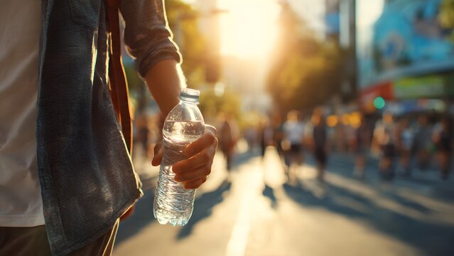 Staying hydrated on a hot city street during summer heatwave