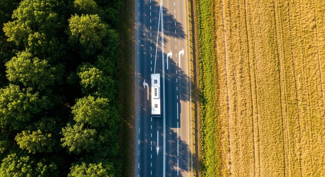 Aerial drone view of a white bus traveling on a highway, surrounded by lush green forest and