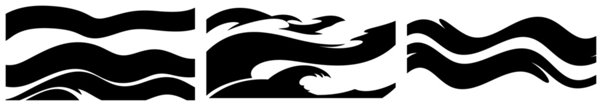 Abstract flowing waves and minimalist curved banner shapes in solid black silhouette style