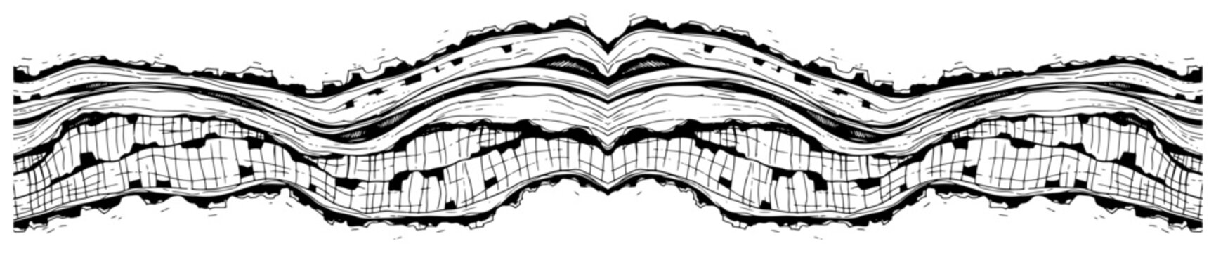 Symmetrical wave border with textured patterns in vintage engraving style