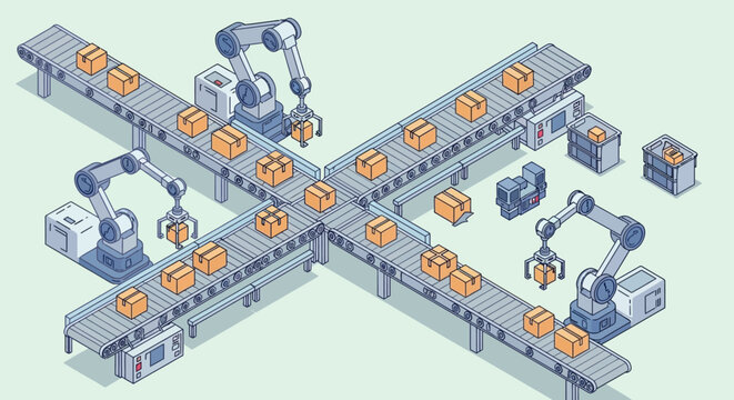 Robotic assembly line with orange packages.