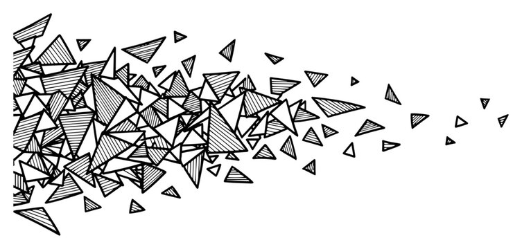 Shattered geometric triangles flying in motion with sketchy line art style