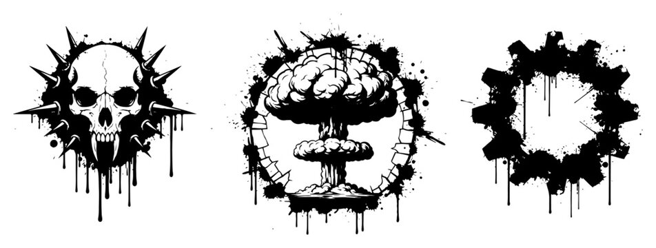 Skull with spikes nuclear mushroom cloud and gear icons in grunge ink splatter style