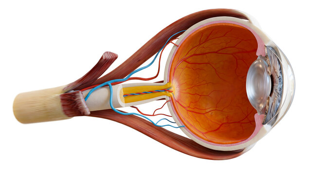 Human eye anatomy diagram showing iris, pupil, retina, lens, and optic nerve, medical illustration, Generative AI
