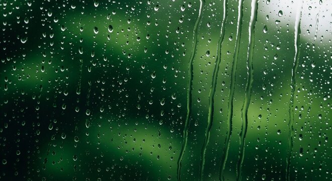 Close-up view of raindrops on a window pane with a blurred green forest background, evoking a sense