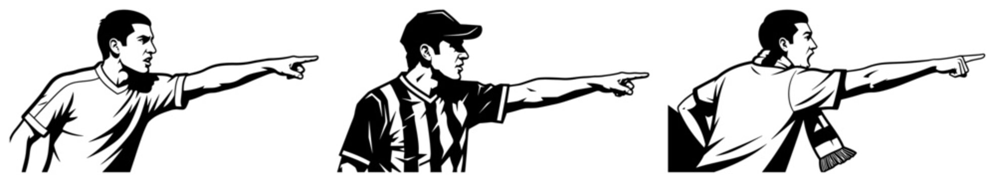 Football players and referee characters pointing their fingers during match in bold line art style