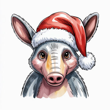 Adorable watercolor illustration of a festive aardvark wearing a classic red Santa hat, perfect for holiday greetings and seasonal designs