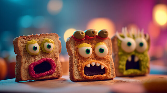 Whimsical monster shaped sandwiches for children's parties with food art, snack time