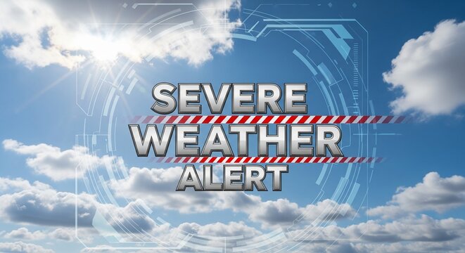 Digital Graphic Alert for Severe Weather with Clouds and Sunbeams - Futuristic Interface Overlay