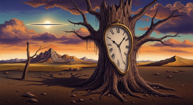 Melting clock on ancient tree in surreal desert landscape at sunset