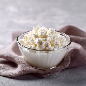Isolated glass bowl of cottage cheese with kefir drink healthy dairy food concept