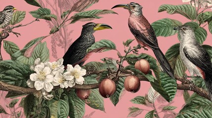 Naklejka premium Birds with big beaks fly on cocoa trees. This drawing is a repeating design for cloth and wallpaper.