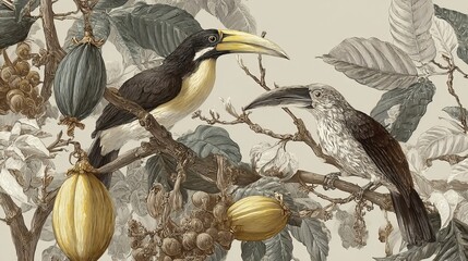 Naklejka premium Birds with big beaks fly on cocoa trees. This drawing is a repeating design for cloth and wallpaper.