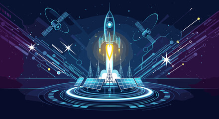 Futuristic rocket launch with glowing digital circuits and satellites in a vibrant neon-lit space. © cemoro