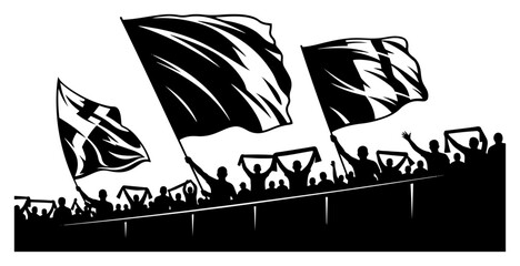 Football supporters waving large flags in stadium stands in silhouette style © Katarzyna
