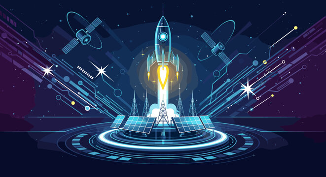 Futuristic rocket launch with glowing digital circuits and satellites in a vibrant neon-lit space.