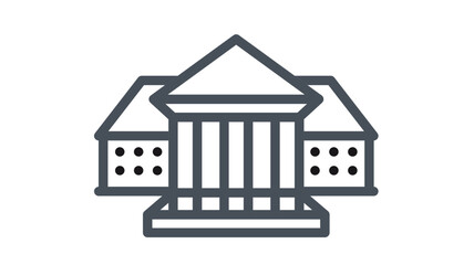 Obraz premium Black vector icon illustration of a classical architectural building featuring a central portico with columns and a triangular pediment, representing a government office, museum, or university.