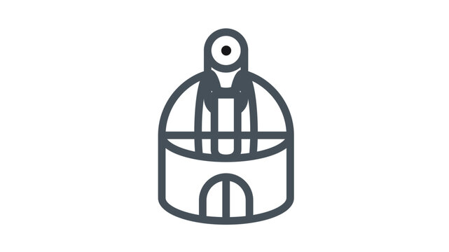 Black line vector icon of an astronomical observatory with a telescope dome and entrance, minimalist symbol for space exploration, science, and astronomy research, scalable graphic illustration.