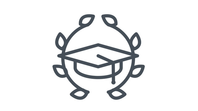 Black line art vector icon of a graduation cap mortarboard surrounded by a laurel wreath. Minimalist illustration symbolizing academic achievement, university degree, and educational excellence.