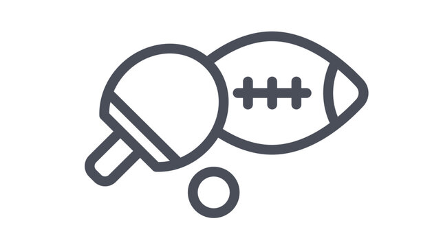 Minimalist vector icon illustration of sports equipment including a ping pong paddle, table tennis ball, and an American football, ideal for athletic branding, game apps, and fitness graphics.