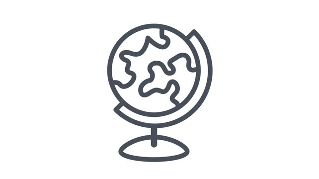 Minimalist black line art vector icon of a desk globe with world map continents, scalable illustration for geography, education, global travel, science, and earth exploration symbol on white.