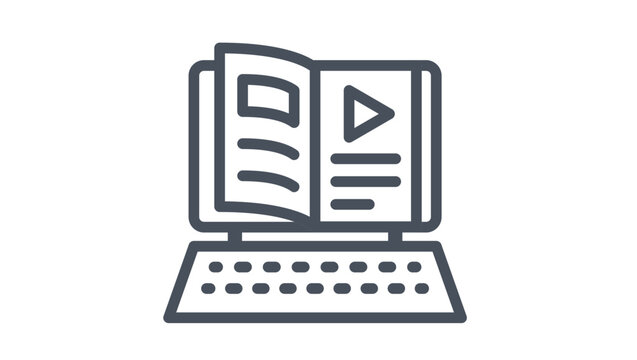 E-learning vector icon illustration of a laptop with an open book and play button on the screen, representing online education, digital learning, and distance study in a minimalist black style.