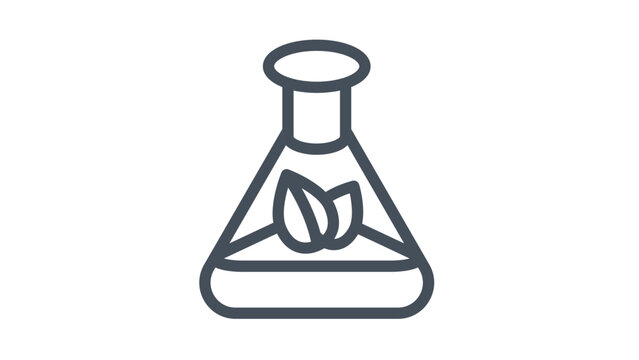 Biotechnology and Eco-Friendly Science Vector Icon: Minimalist Black Line Illustration of an Erlenmeyer Flask with Organic Green Leaves Representing Natural Research and Sustainable Chemistry.