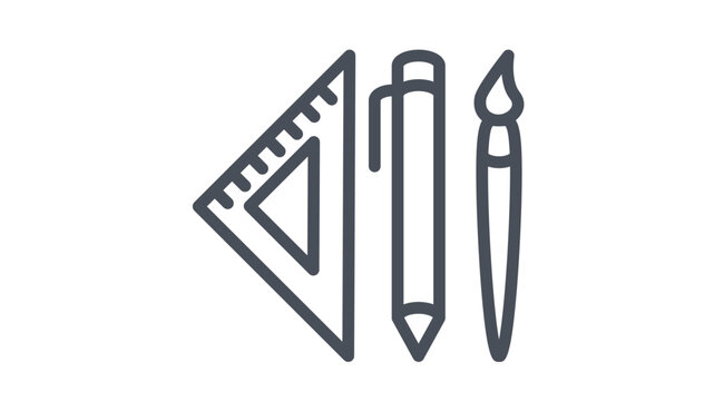 Minimalist black line vector icon illustration of creative drawing and drafting tools featuring a set square ruler, a pen, and a paintbrush, isolated on a white background for art and design.