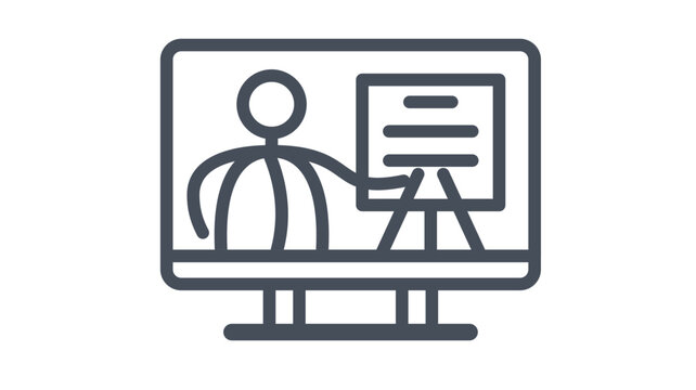 Minimalist black line art vector icon of a person giving a presentation on a computer screen, representing online learning, webinars, digital classrooms, e-learning, and remote video teaching.