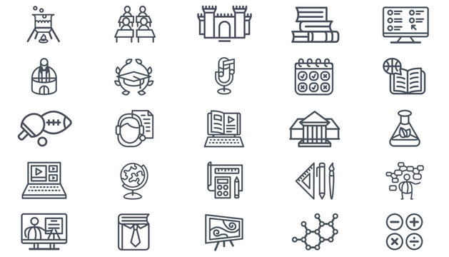 25 Minimalist Black Vector Icon Set Bundle for Education, Science, Business, and Technology. Includes Books, Graduation Cap, Laptop, Globe, Molecule, Sports, Architecture, and Art Symbols.