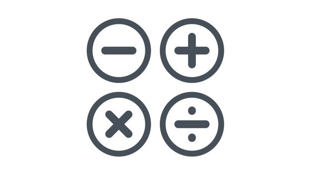 Vector illustration of basic mathematical operation icons including plus, minus, multiplication, and division symbols inside circles, minimalist black arithmetic signs for education and business.