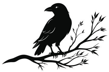 Obraz premium crow setting on a branch silhouette line art vector illustration with a white background