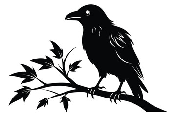 Obraz premium crow setting on a branch silhouette line art vector illustration with a white background