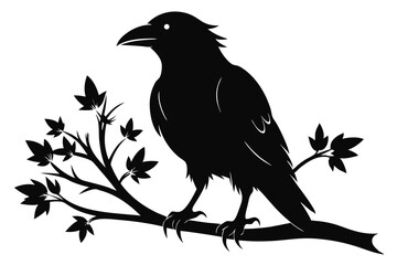 Obraz premium crow setting on a branch silhouette line art vector illustration with a white background