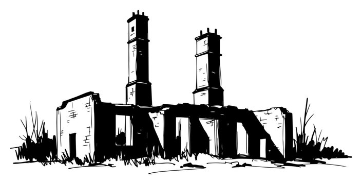 Ruined industrial factory building with tall chimneys in desolate post apocalyptic sketch style