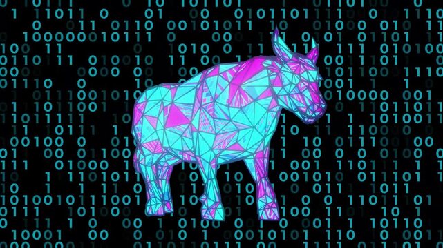 Digital bull appears with glowing wireframe edges.