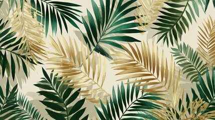 Naklejka premium Golden and green palm leaves create a minimal summer jungle pattern.