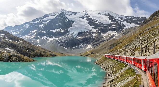 Scenic train journey through the Swiss Alps with turquoise lake.