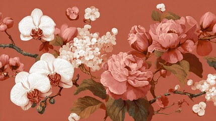 Naklejka premium Orchids and peonies create a smooth, vintage floral design on terracotta.