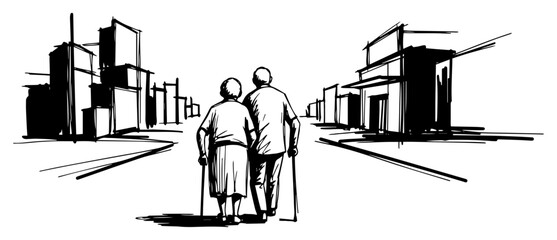 Senior couple walking down a quiet street with walking sticks in hand drawn sketch style © Katarzyna