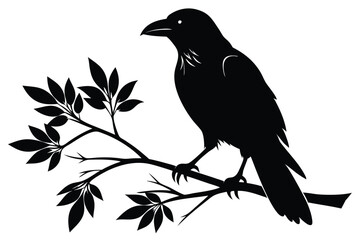 Fototapeta premium crow setting on a branch silhouette line art vector illustration with a white background