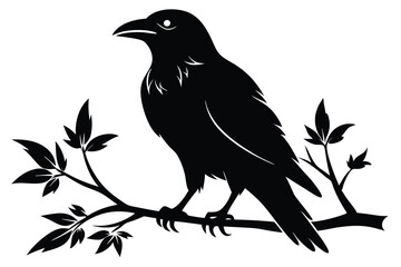 Obraz premium crow setting on a branch silhouette line art vector illustration with a white background