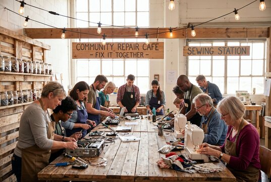 Diverse Community Repairing Items Together at a Repair Cafe Workshop