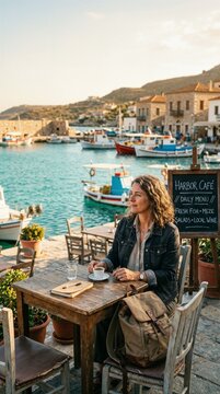 Woman Enjoying Coffee at a Scenic Harbor Cafe in Greece
