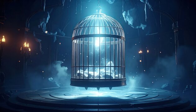 A glowing caged orb floats in a dark, ethereal chamber, lit by candles